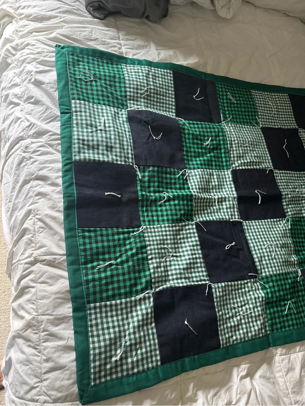 Handmade Green Patchwork Quilt 44x38 - Vintage Style Gingham Checkered Lap Quilt
